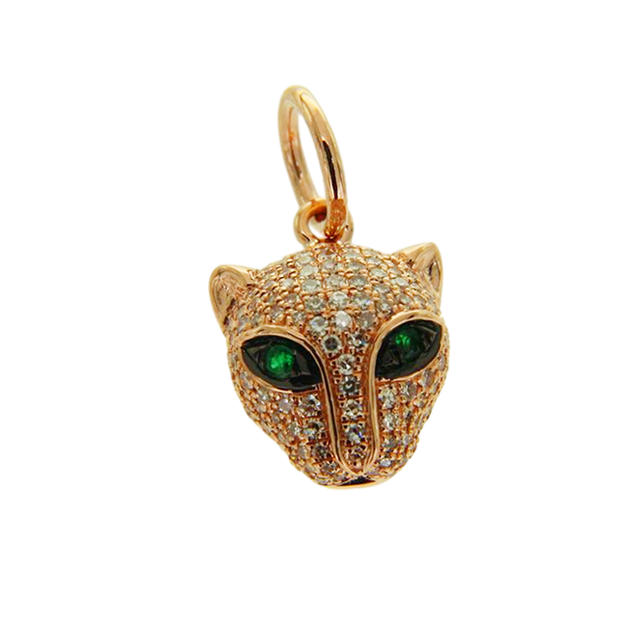 Karat Gold Green-Eyed Leopard Head Pendant With Diamonds