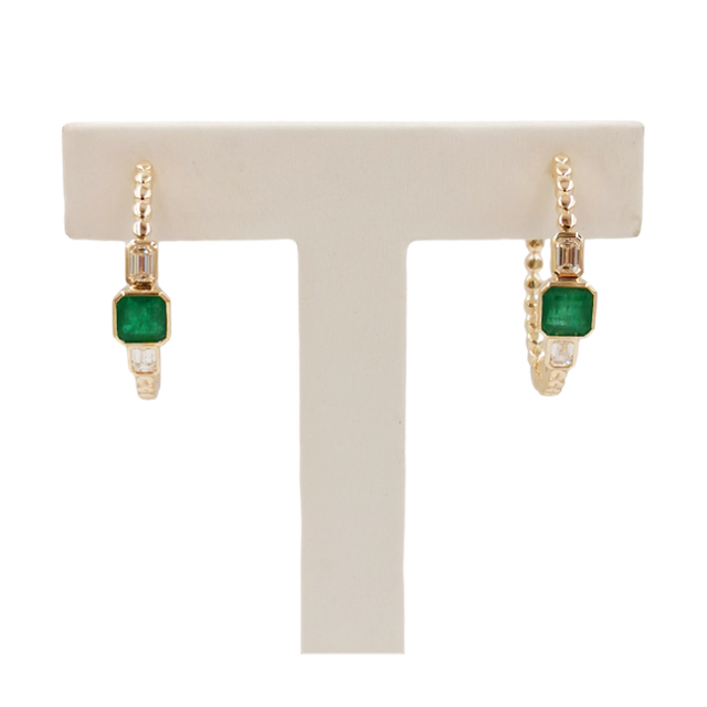 Custom Vintage Fine Jewelry 925 Sterling Silver Minimalist Design Emerald Huggie Hoop Earrings