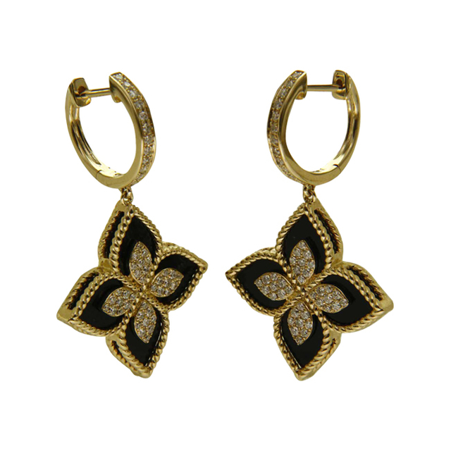 925 Sterling Silver Four Leaf Clover Earrings Three-dimensional Black Onyx Dangle Earrings
