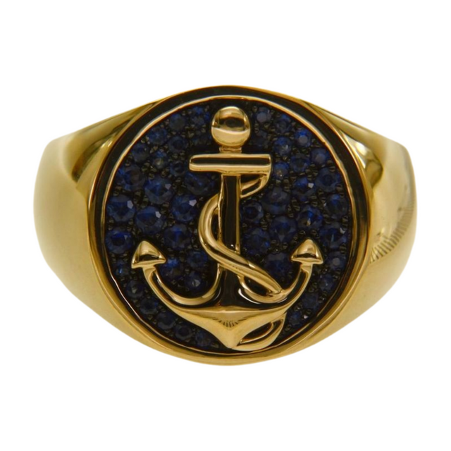 925 Sterling Silver Anchor Ring Blue Sapphire Signet Ring