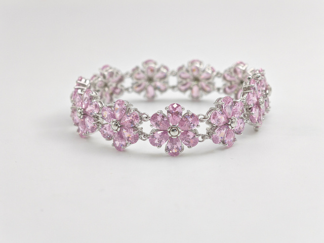 925 Sterling Silver Bracelet Simulated Pink Sapphire Floral Bracelet