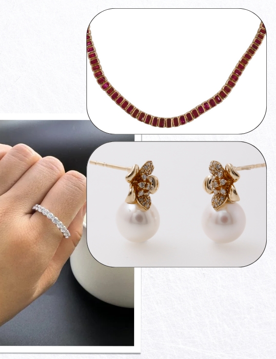 Pearl, Lab Grown diamond and Ruby jewelry