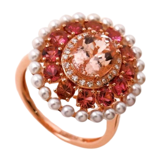 925 Sterling Silver Cutured Freshwater Pearl Tourmaline CZ and Morganite CZ Halo Ring