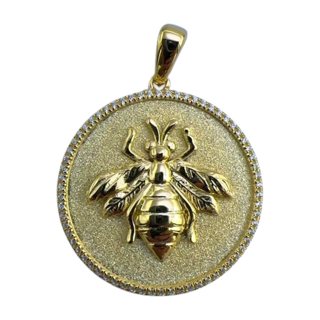 Custom Gold Bumble Bee pendant Diamond Vintage Sandblasted Disc Pendant
